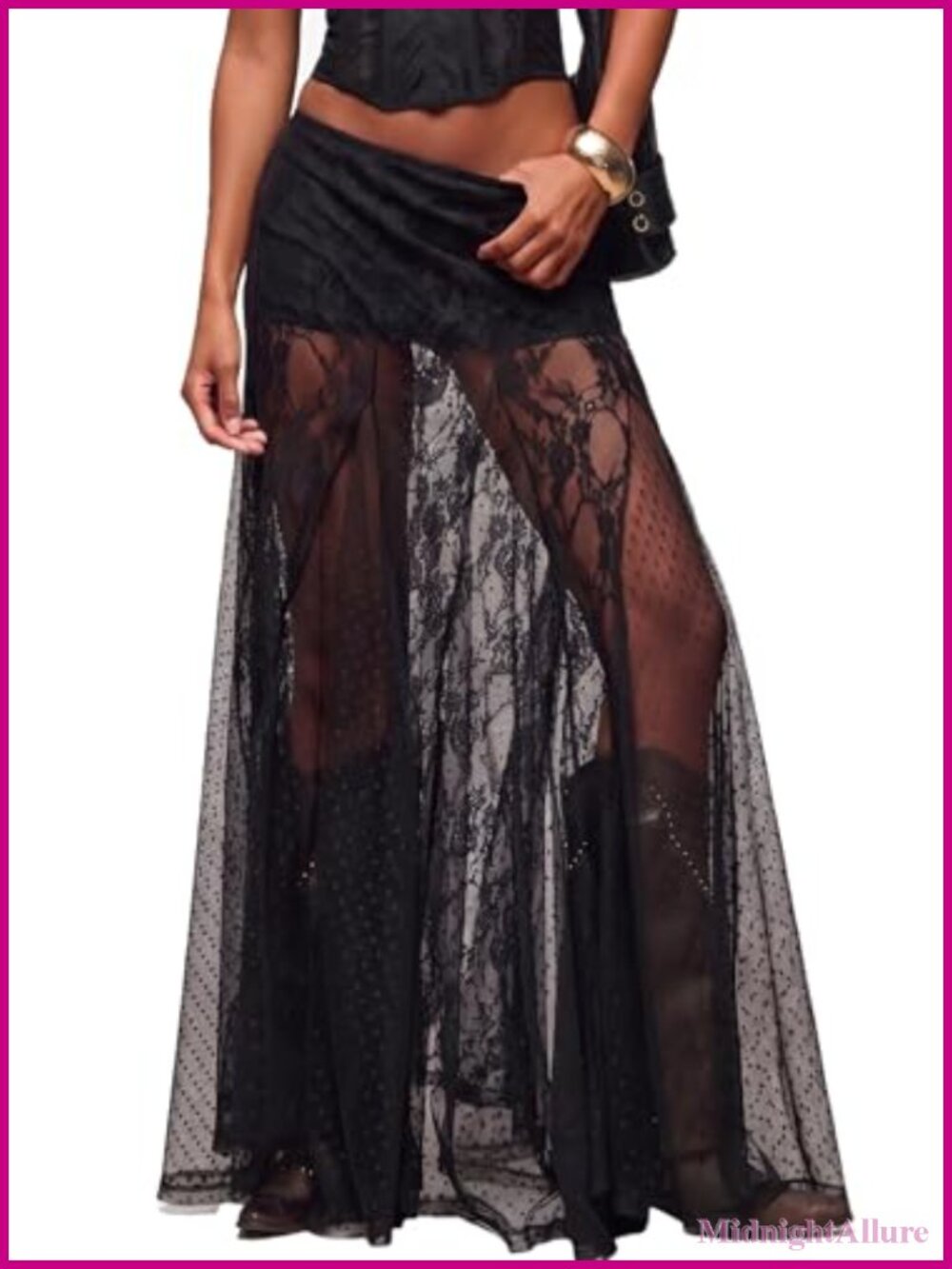 Sheer Lace Maxi Skirt with Built-in Shorts High Waisted A-Line Flowy